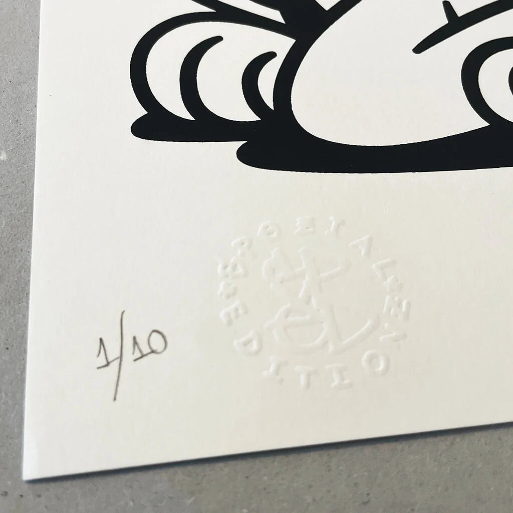 Detail (edition number and embossed by Spezial Editionz) for Screen Print by Flying Förtress & Pez "PezFortress2025" (Black & White Edition)