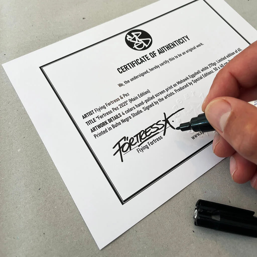 Spezial Editionz's Certificate of Authenticity for "FortressPez2025 (Main Edition)" signed by "Flyinig Förtress"