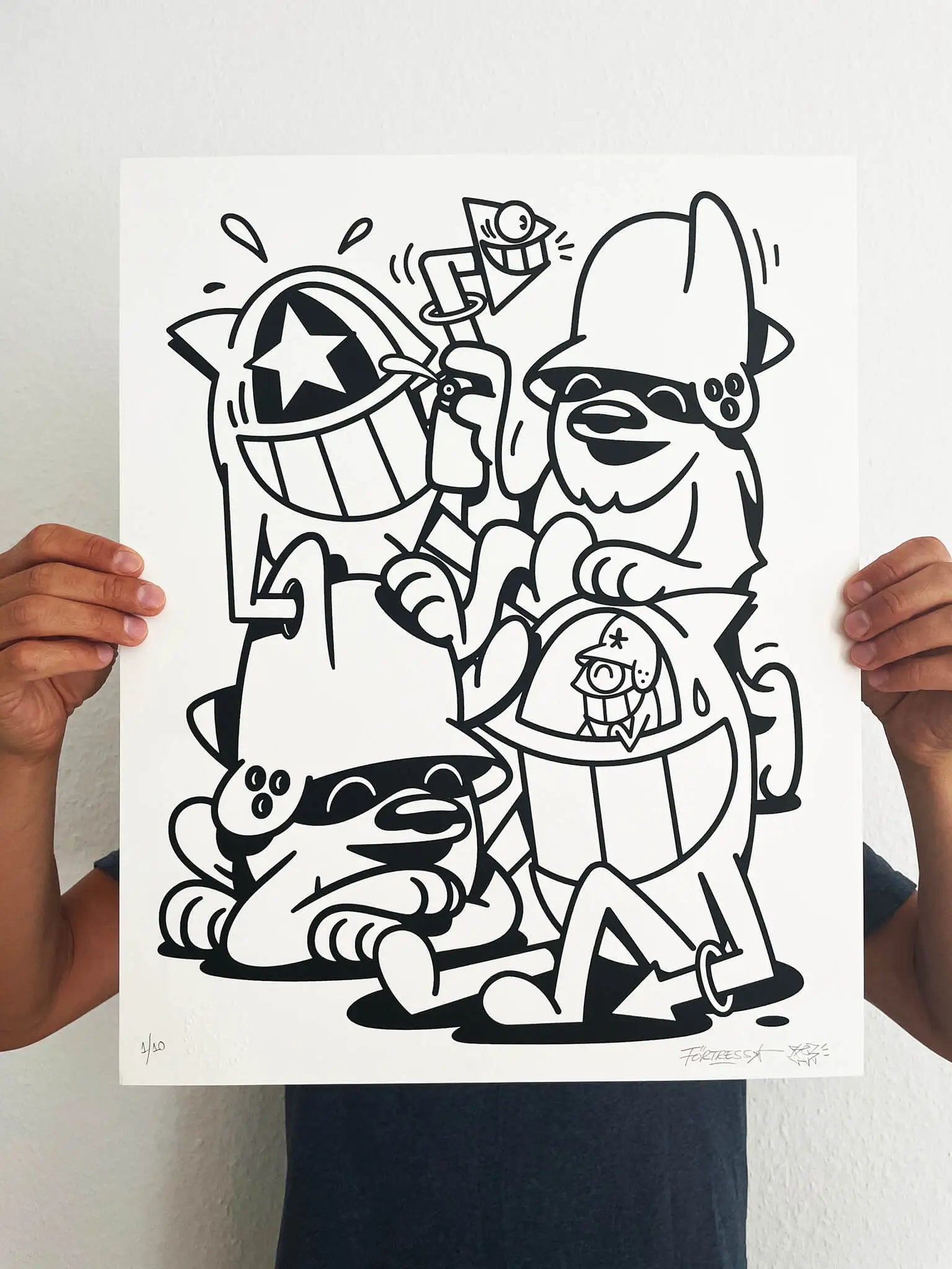 Screen Print by Flying Förtress & Pez "PezFortress2025" (Black & White Edition) hold by artist Flying Förtress