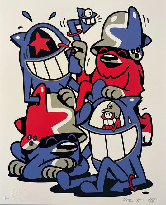 Screen Print "PezFortress2025" by Flying Förtress & Pez (Purple Edition), signed and numbered by the artists & embossed by Spezial Editionz