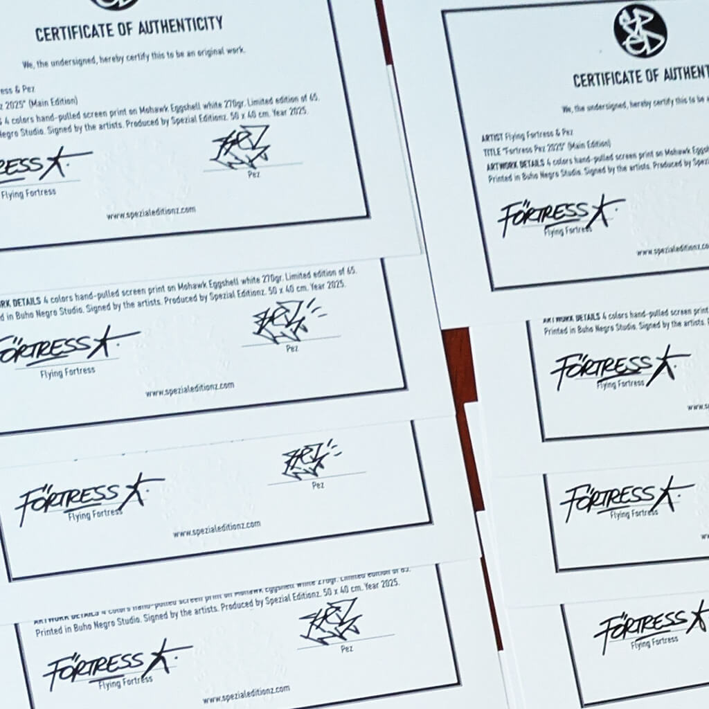 Certificate of Authenticity for screen print "PezFortess2025", signed by the artists Pez & Flying Förtress