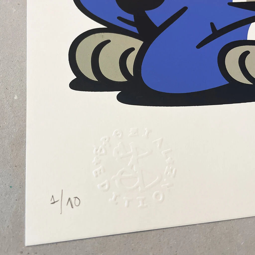 Detail (edition number and embossed by Spezial Editionz) for Screen Print "PezFortress2025" by Flying Förtress & Pez (Purple Edition)