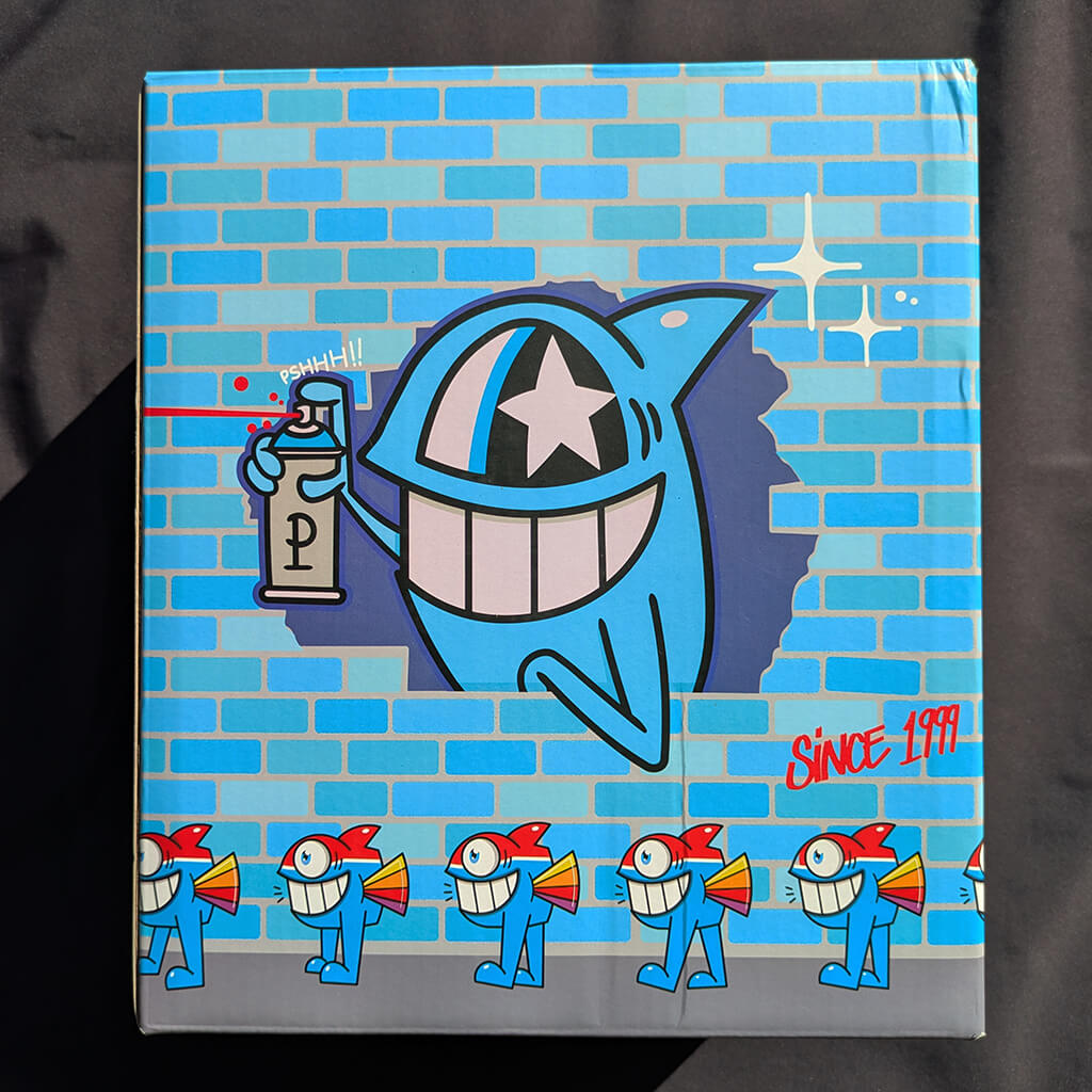 Box for Art Toy "Walking Fish (Blue classic Edition)" by Pez, signed by the artist (back)