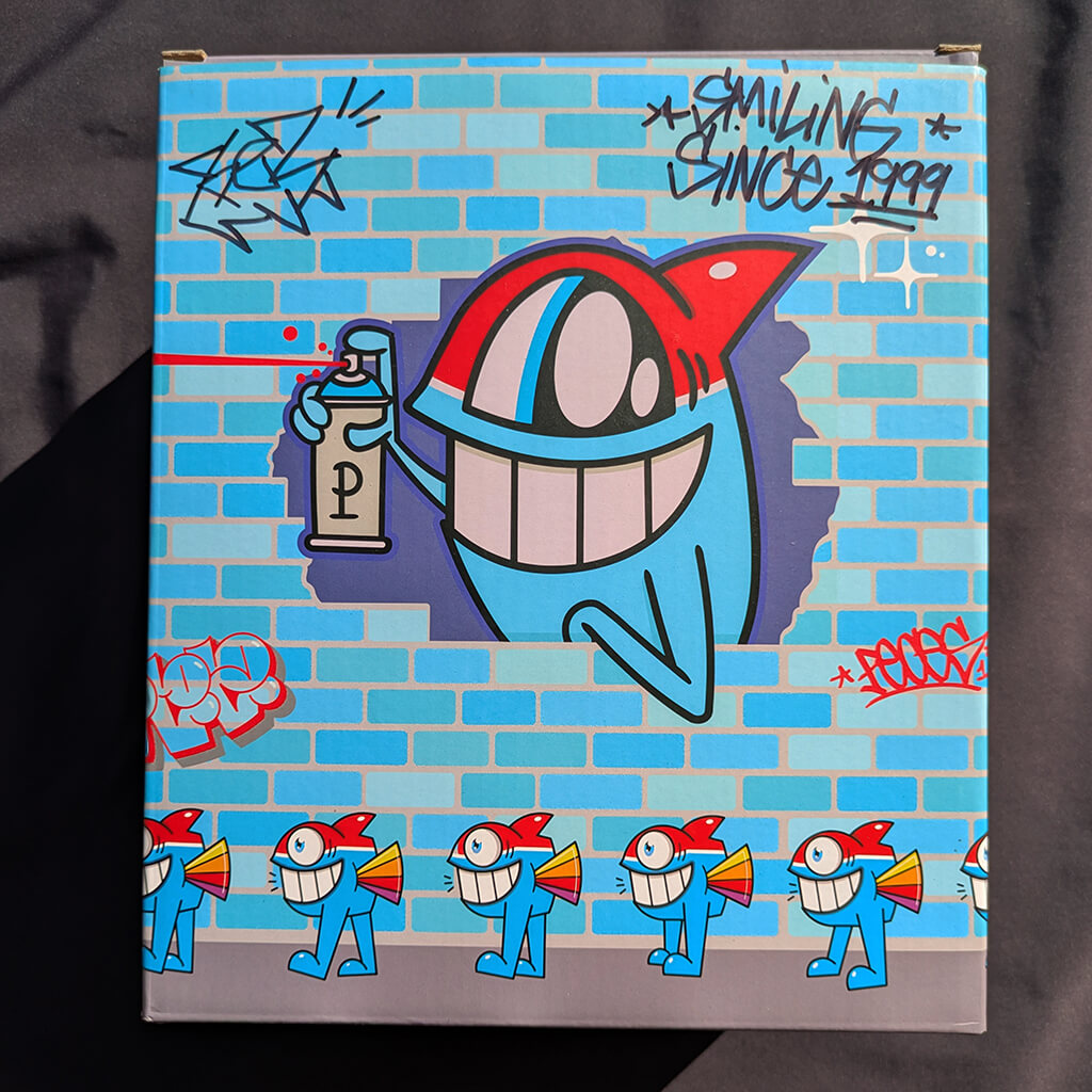 Box for Art Toy "Walking Fish (Blue classic Edition)" by Pez, signed by the artist (front)
